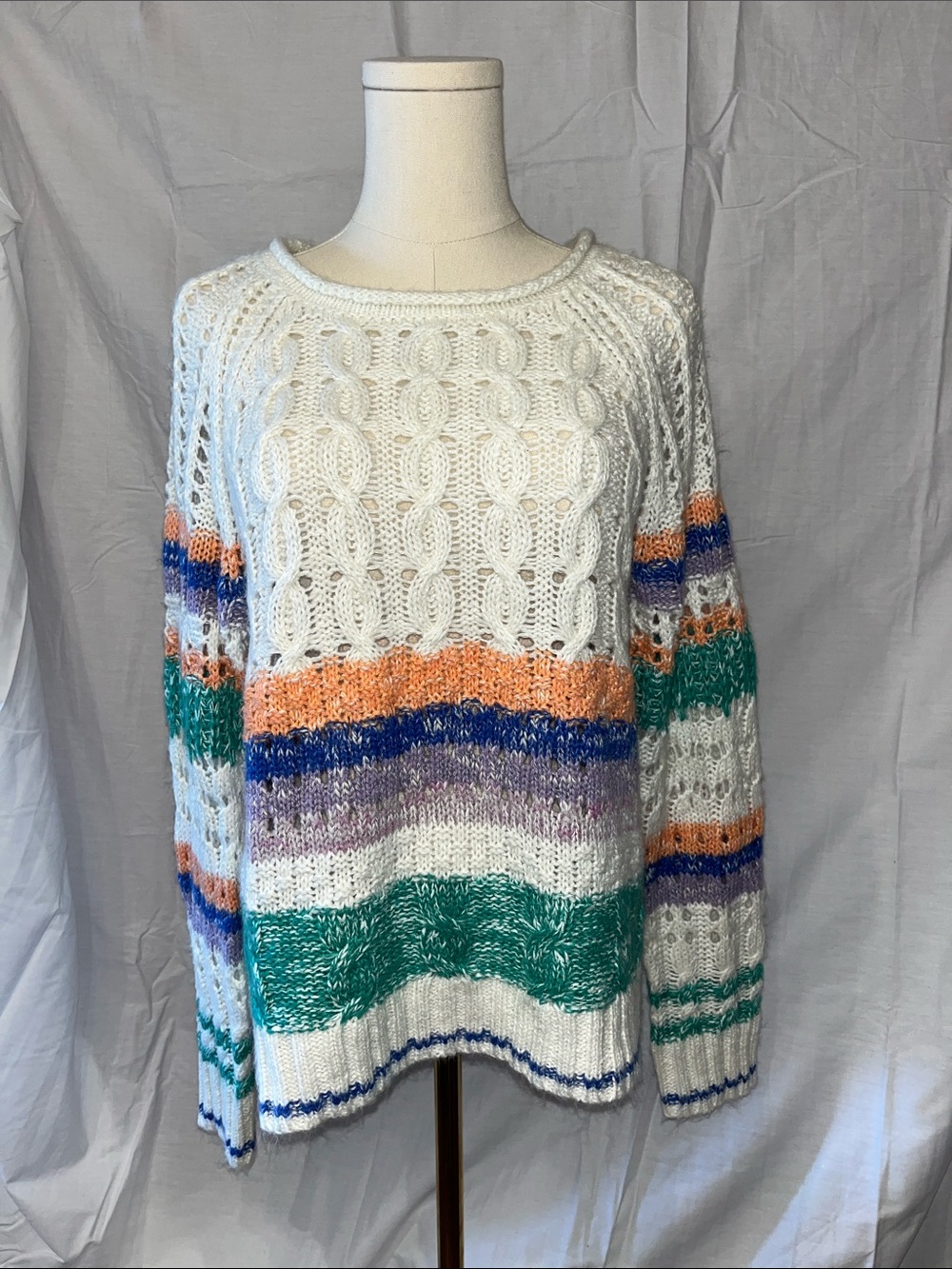 Sundance Cream Cable-Knit Sweater with Multicolor Stripes